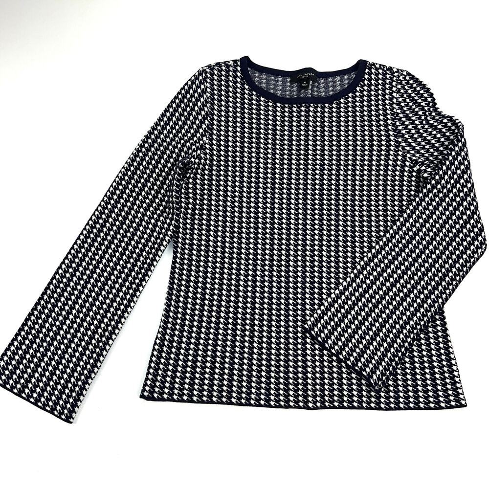 Ann Taylor Petite Navy White Houndstooth Crew Neck Long Sleeve Sweater Size MP